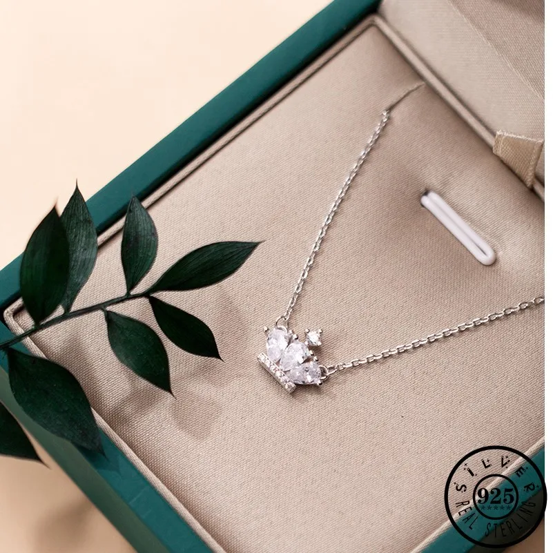 

925 Sterling Silver Cubic Zirconia Crown Pendant Statement Rose Gold Color Plated Link Chain Necklaces Gifts for Women