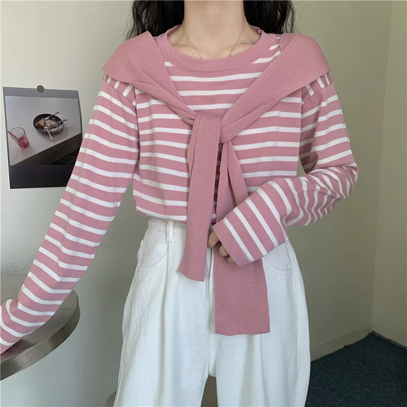 Осенняя футболка в Корейском стиле новинка 2021 просторный пуловер из двух частей