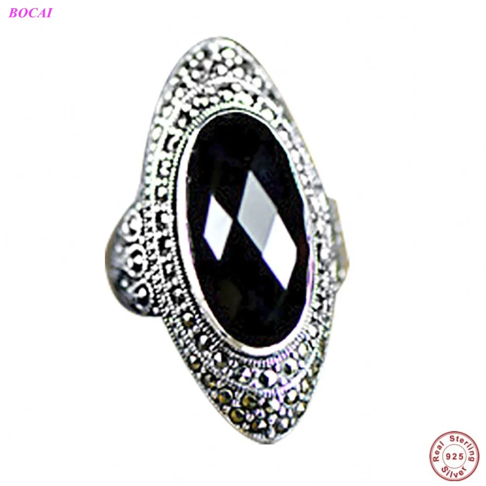 

S925 Sterling Silver Ring Retro Thai Silver Jewelry Black Agate Gemstone Atmosphere Index Finger Middle Finger Female Ring