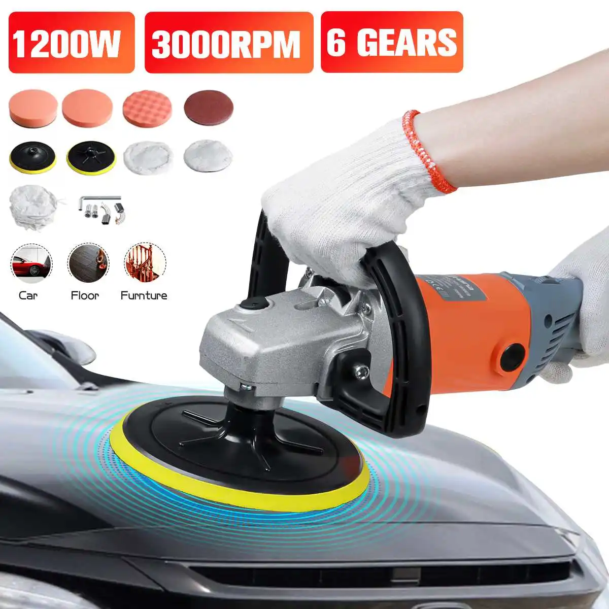 

220V Electric Polisher 6 Speed Variable Car Polishing Machine 3000rpm 180mm Automobile Floor Sanding Waxing Tools