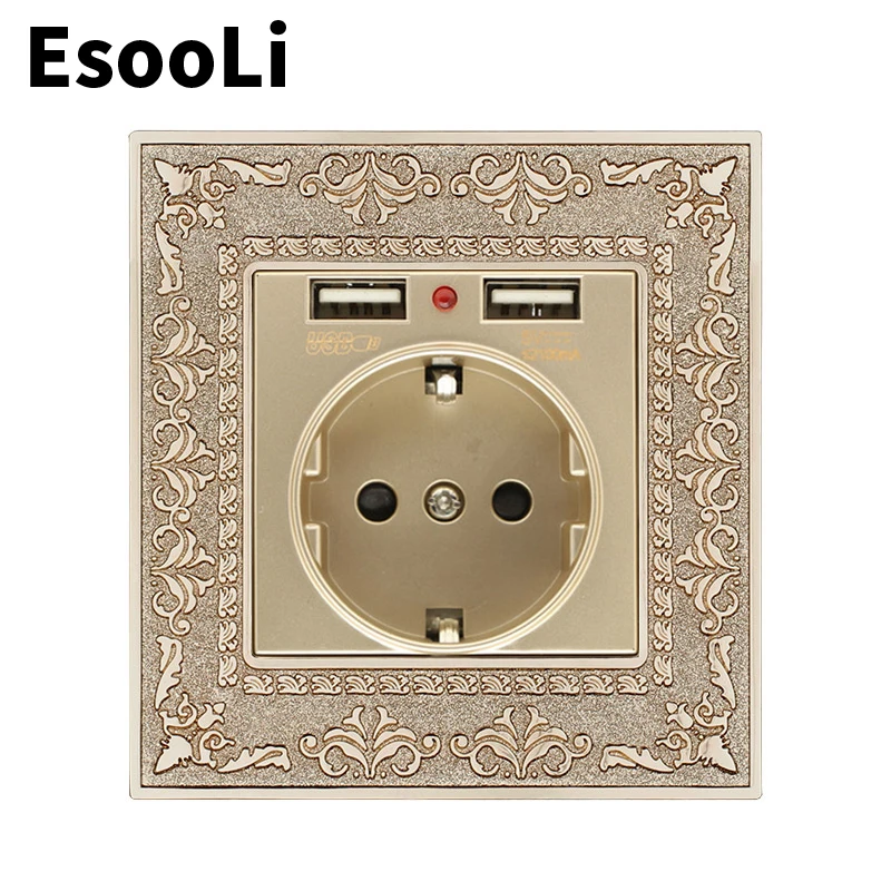EsooLi 16A EU Standard Gold Power Socket 4D Embossing Retro Zinc Alloy Panel Wall AC 110~250V | Обустройство дома