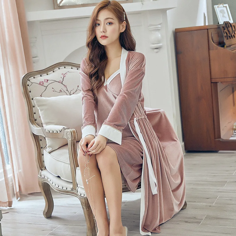 Зимние теплые золотые бархатные женские халаты 2 шт. наборы с длинным рукавом