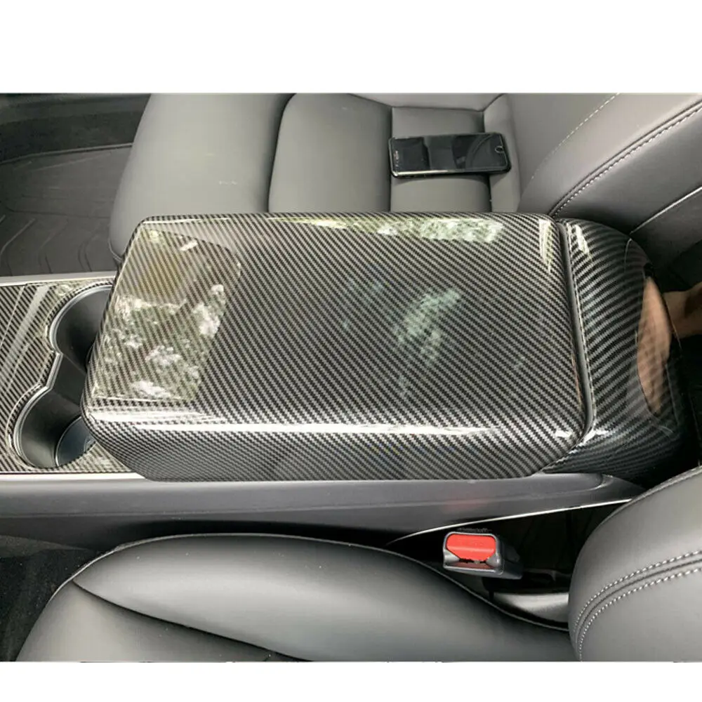 Fit For Tesla Model 3 /Y 2017-2021 Car Accessories Glossy Carbon Fiber Central Console Armrest Box Cover Car Decoration