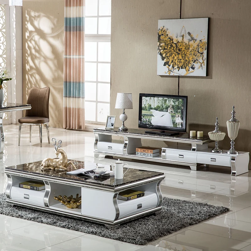 

TV Stand modern Living Room TV monitor stand mueble stalinite marble stainless steel cabinet mesa+tv table+Coffee centro Table