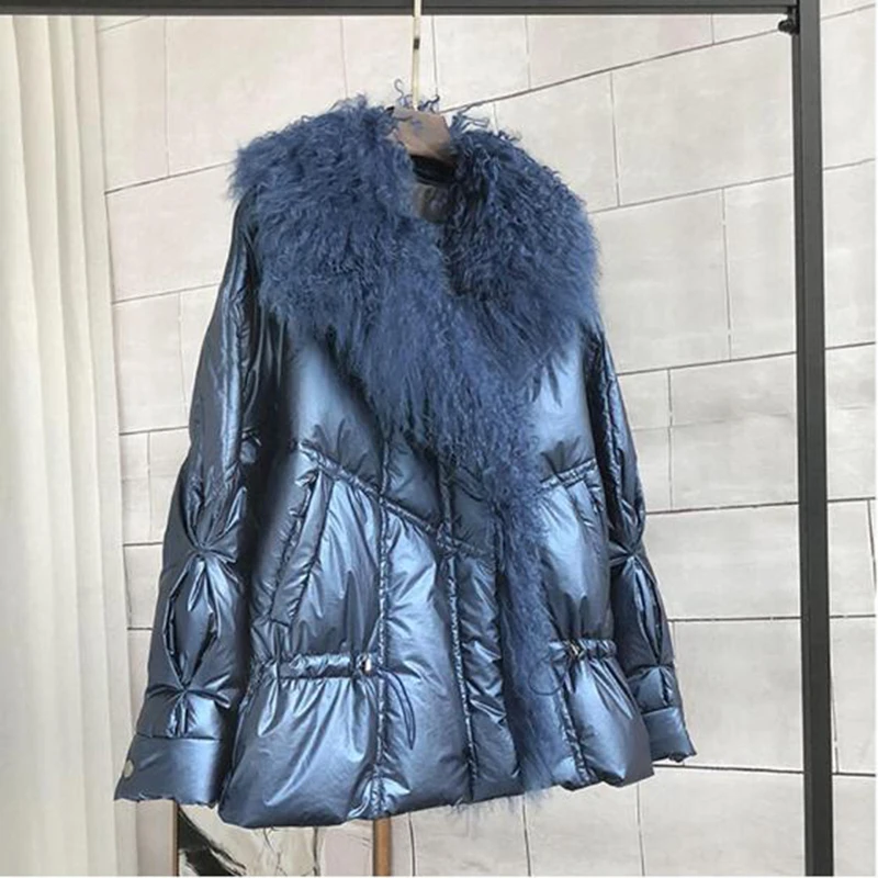 

Large Real Fur Collar 2019 Winter Jacket Women 90% White Duck Down Coats Short Loose Parkas Outerwear Waterproof Glossy Jackets