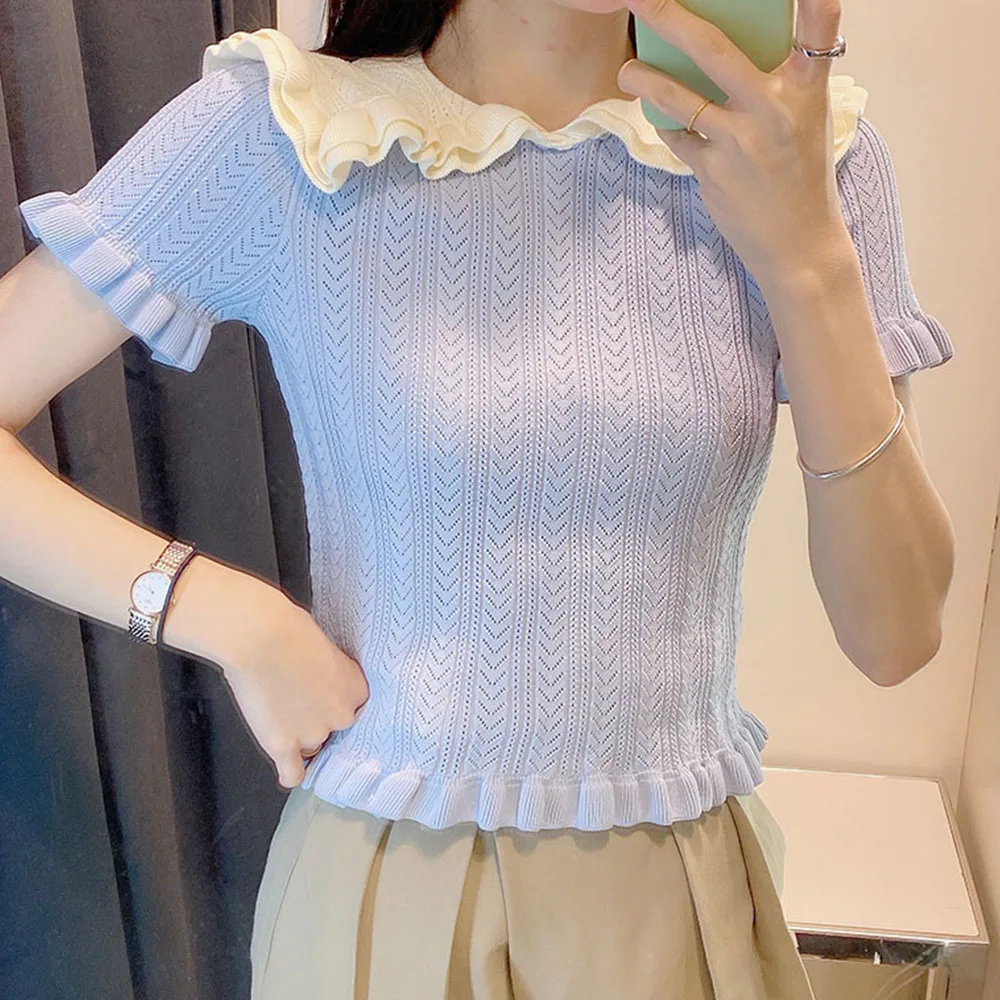 

DiYiG WOMAN2021 spring and summer women's clothing New layered decorative lapel stitching short-sleeved sweater T-shirt top