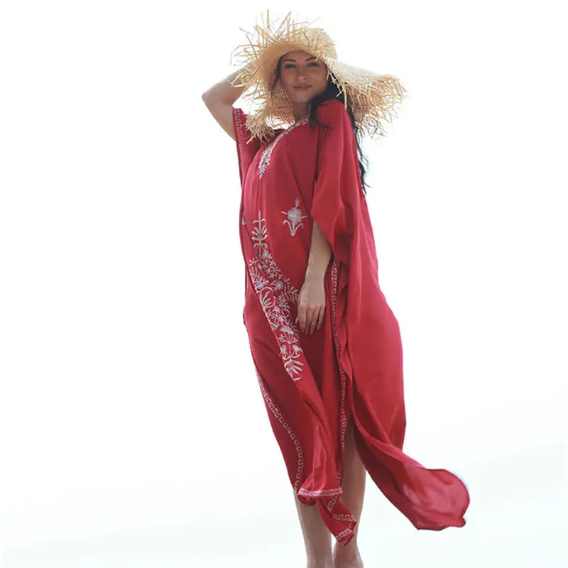 

Embroidery Kaftan Beach Tunic Cotton Beach Cover up Swimsuit Women Bikini cover up Pareo Sarong Beachwear