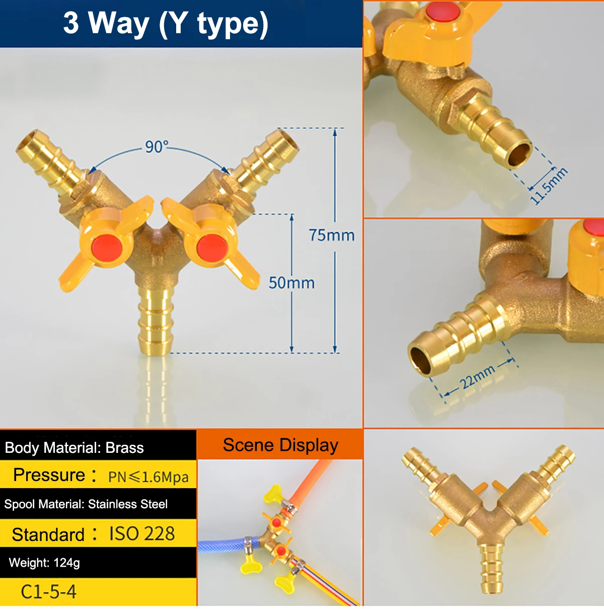 1pcs Brass 12mm 3 Way Y / T type Hose Barb Inline Shutoff Ball Valve Pipe Fittings Connector Water Oil Air Gas Fuel Small Valve