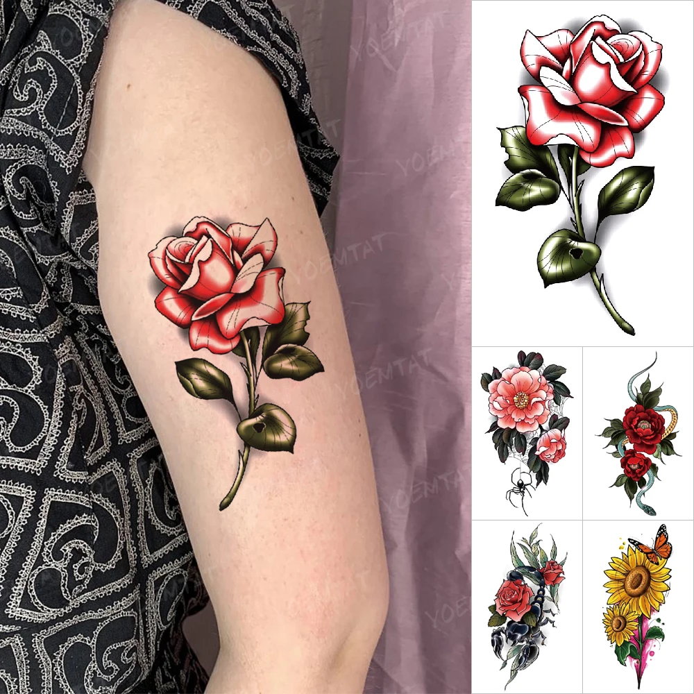 

Temporary Tattoo Sticker Washable Transfer Red Rose Peony Bouquet Garland Rose Kid Fake Tatto Mens Women Flash Tatoo
