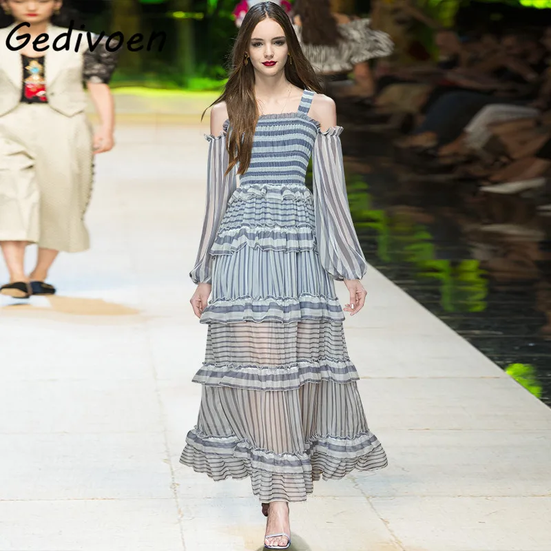 

Модное дизайнерское осеннее платье Gedivoen на бретельках, женское длинное платье в полоску с рукавами-фонариками и оборками