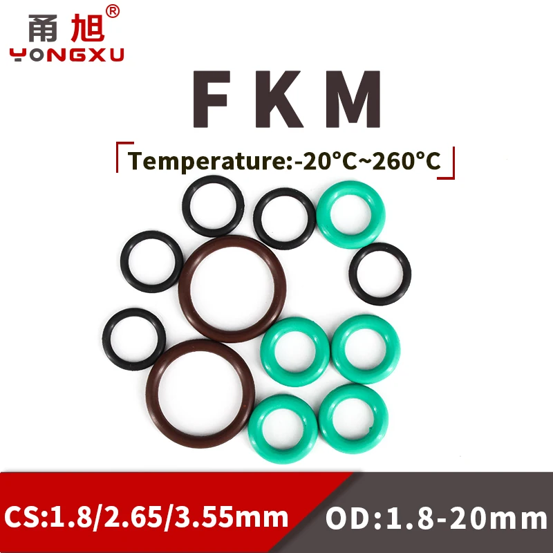 

FKM O Ring Seal Gasket Thickness CS1.8/2.65/3.55mm ID1.8-20mm FPM Oil Acid and Alkali Resistant Automobile Fluororubber O-Ring
