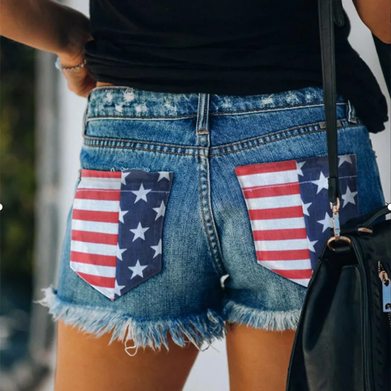 

2021 American Flag Printing Raw Edge Ripped Casual Jean Shorts All-Match Women's Denim Shorts Beach Holiday Wear Streetwear