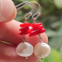 10 11mm fashion white baroque pearl red coral silver earrings gift valentines day diy classic holiday gifts freshwater fashion