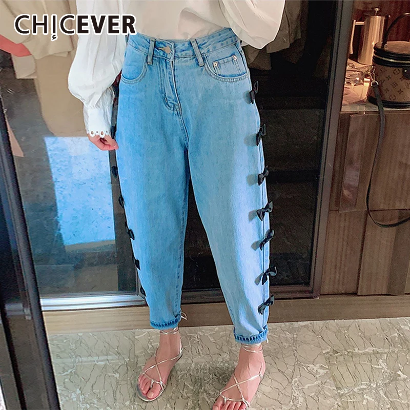 

CHICEVER Black Bowknot Jeans For Women High Waist Straight Patchwork Loose Jeans Casual Female Spring Fashion New Clothing 2021