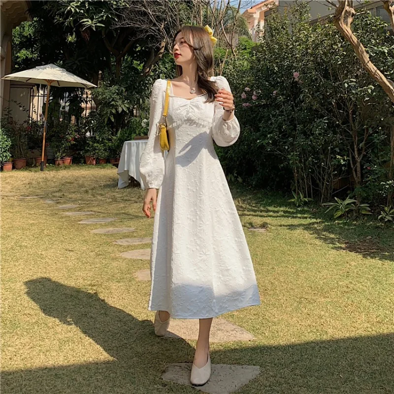 

Sannian Women's Dress 2021 New Autumn Beaded Square Collar White Lace Dress Ladies Banquet Prom Party Dresses Women Clothes