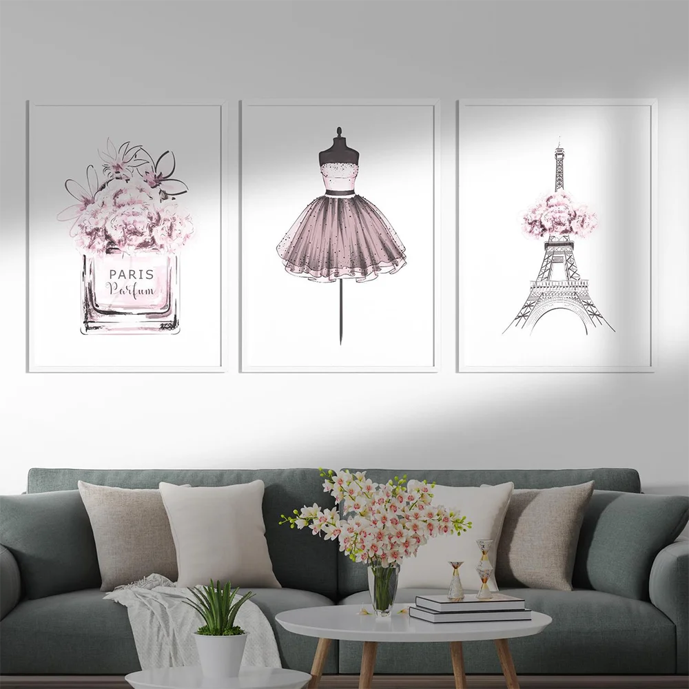 

Modern Pink Fashion Wall Art Canvas Painting Floral Perfume Eiffel Tower Mannequin Print Poster Beauty Salon room Decor Pictures