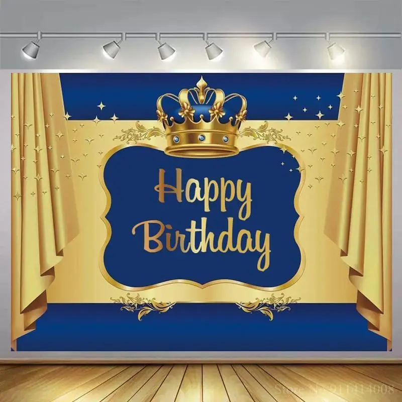 

Фон для фотосъемки новорожденных с изображением Королевского синего короны принца на день рождения с золотой занавеской фон для вечеринки в честь рождения ребенка