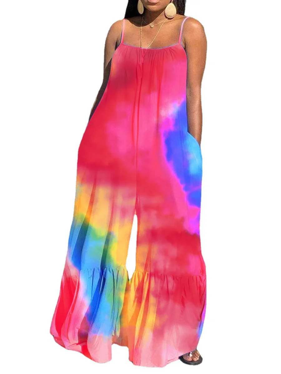 

M-5XL Plus Size Jumpsuit women clothing summer 2022 casual tie dye printing Sling Loose Wide leg rompers Wholesale Dropshipping