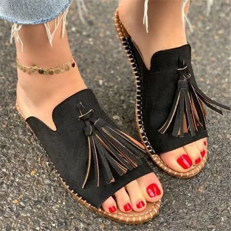 

2022 New Fringe Slides Women's Fashion Outdoor Flat Slippers Summer comfortable sandals Big size Casual women's slippers