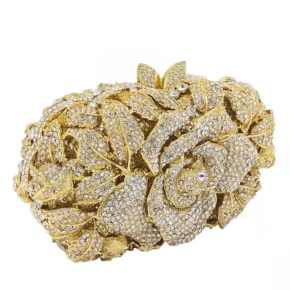 Double Flower Dazzling Women Gold Crystal Clutch Evening Handbags Metal Floral Minaudiere Wedding Party Handbag Bridal Purse |