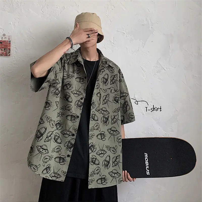 

Рубашка мужская свободного покроя с коротким рукавом, Повседневная Уличная одежда в стиле хип-хоп, Модная приталенная, в стиле High Street, лето ...