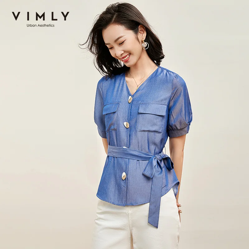 Женская блузка с v образным вырезом Vimly голубая однобортная в офисном стиле
