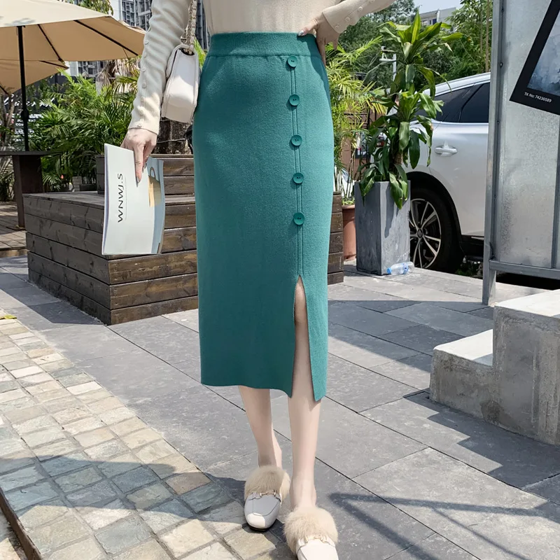 

Женская трикотажная юбка миди на пуговицах, черная, серая, зеленая юбка с высокой талией, весна-осень 2022