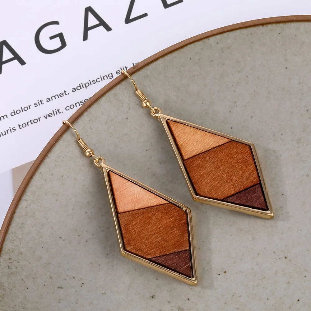 

FNIO Vintage Elegant Natural Wood Dangel Earrings For Women Fashion Bohemian Geometric Splicing Hollow Drop Earring Jewelry