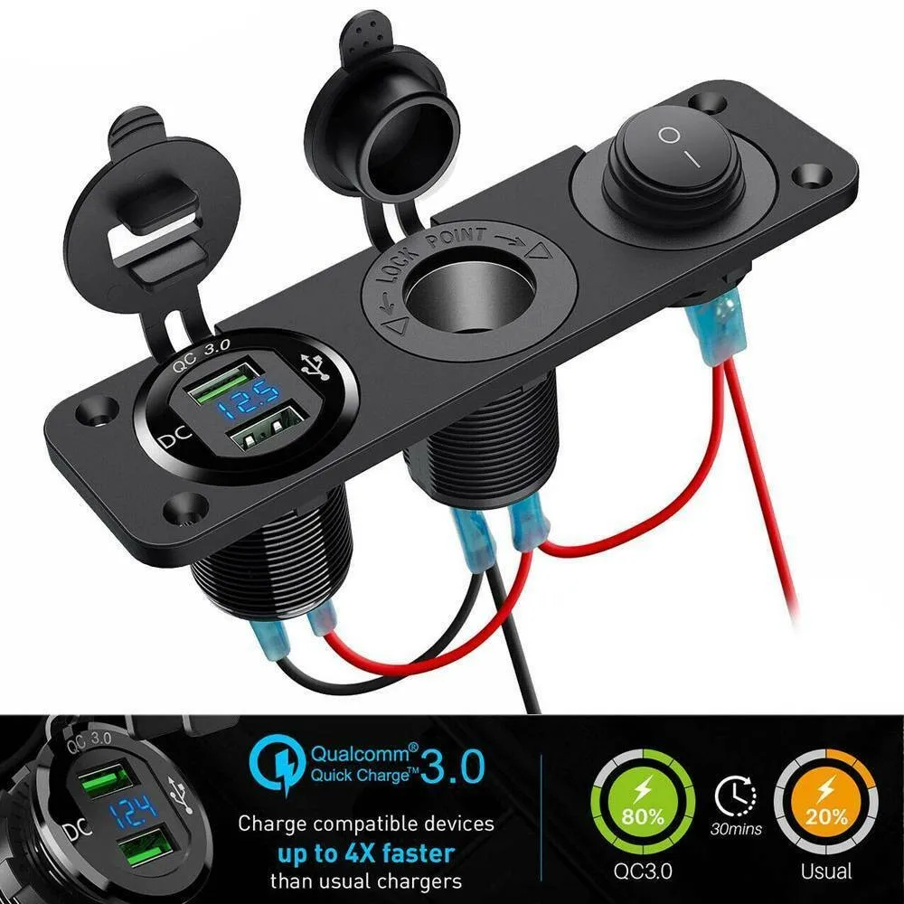 

12V Car Lighter Socket Adapter Voltmeter Switch Panel With 2 USB Charger 15*4.1cm Switch For All Popular USB Devices