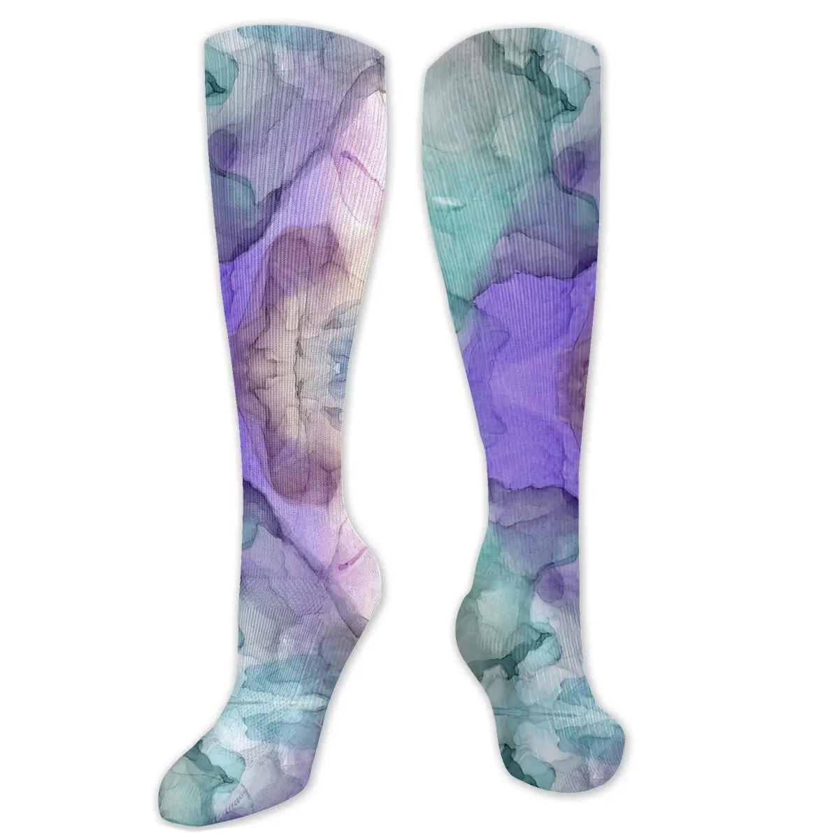 

Purple And Teal Watercolors Pattern Compression Socks For Women Men Plus Size Wide Calf For Nurses Running Athletic