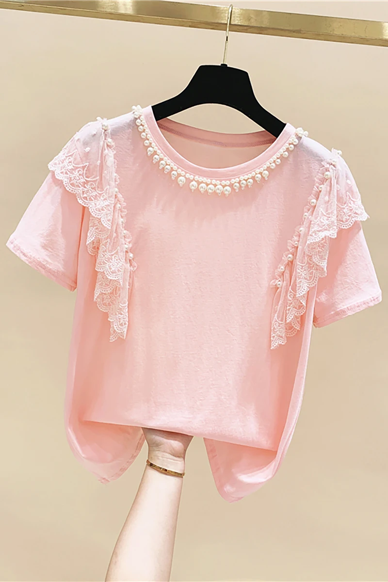 

2021 Summer New Design Women T-shirt Loose Short Women's Top Beaded Peals Lace Stitched Solid Hot Sale Summer Top Pink White