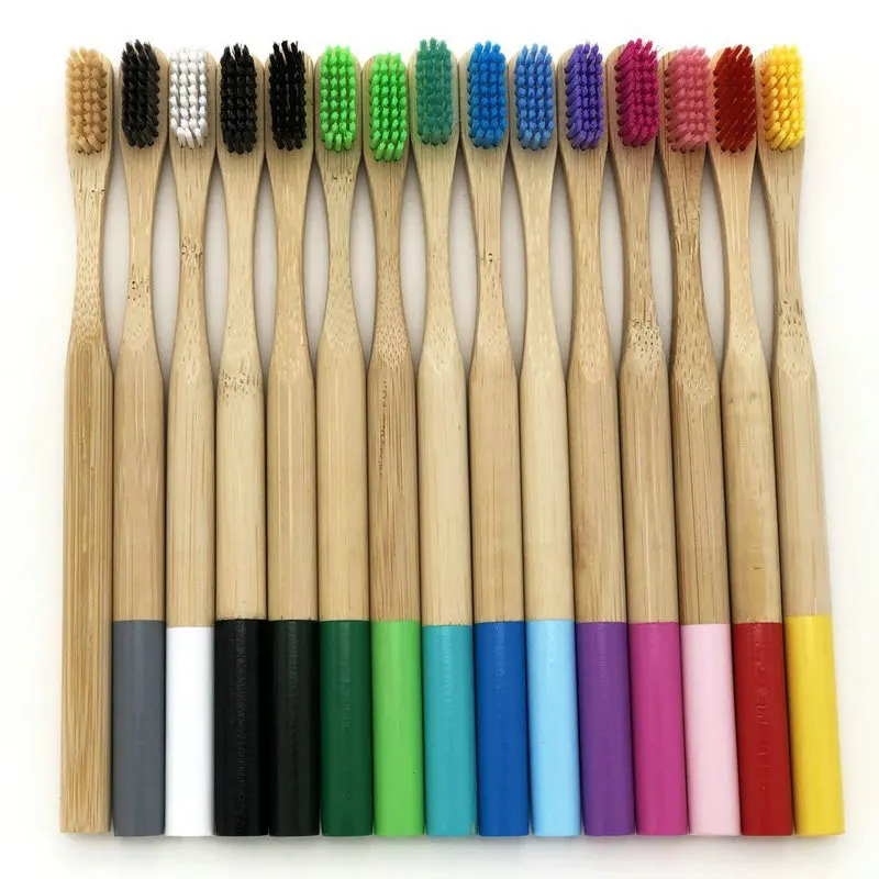50Pcs Custom Logo Round Handle Colorful Bristle Adult Natural Bamboo Eco Friendly Soft Travel Toothbrush Tooth Teeth Brush