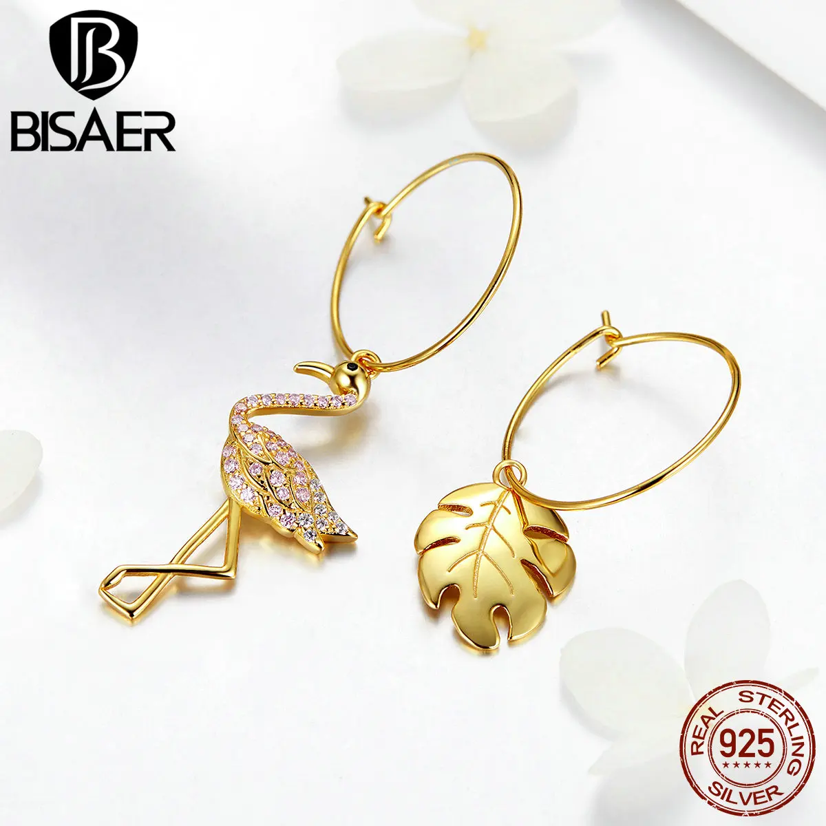 BISAER INS серьги 925 пробы серебро Фламинго монстера листья деревьев, серьги со шпилькой, для Для женщин тропический серьги вrincos бижутерия