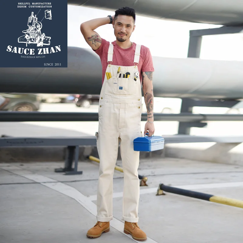 

SauceZhan BD03 Bib Overalls for Men Denim Selvedge Jeans Jeans Raw White Denim Overalls for Men Suspender Jeans Men