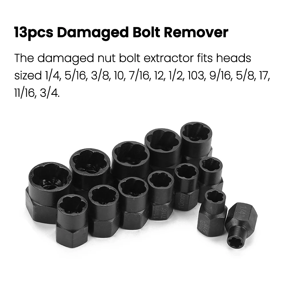 

13pcs Damaged Bolt Nut Screw Remover Tool Kit Damaged Bolt Removal Damaged Bolt Nut Screw Removal Socket Damaged Bolt Remover
