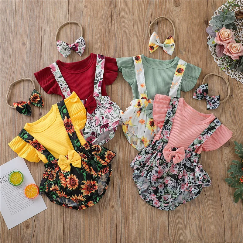 

2021 3pcs Newborn Baby Girls Cotton Clothes Sets,Children Girl Solid Color Fly Sleeve T-shirt and Suspender Shorts with Headband