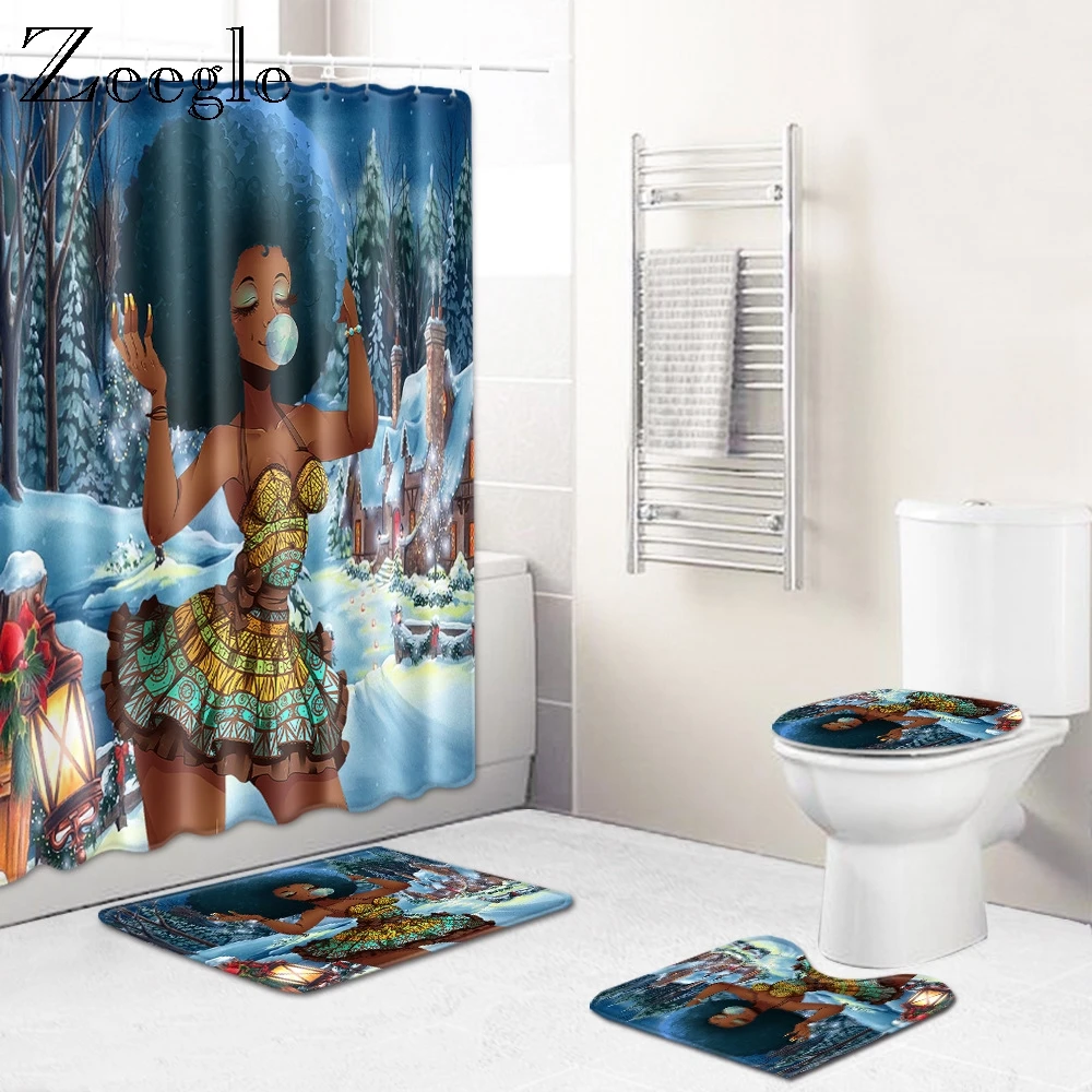 

Zeegle African Woman Shower Curtain Toilet Cover Seat Mat 4pcs Bath Mat Set Soft Absorbent Toilet Pedestal Rug Bathroom Doormat