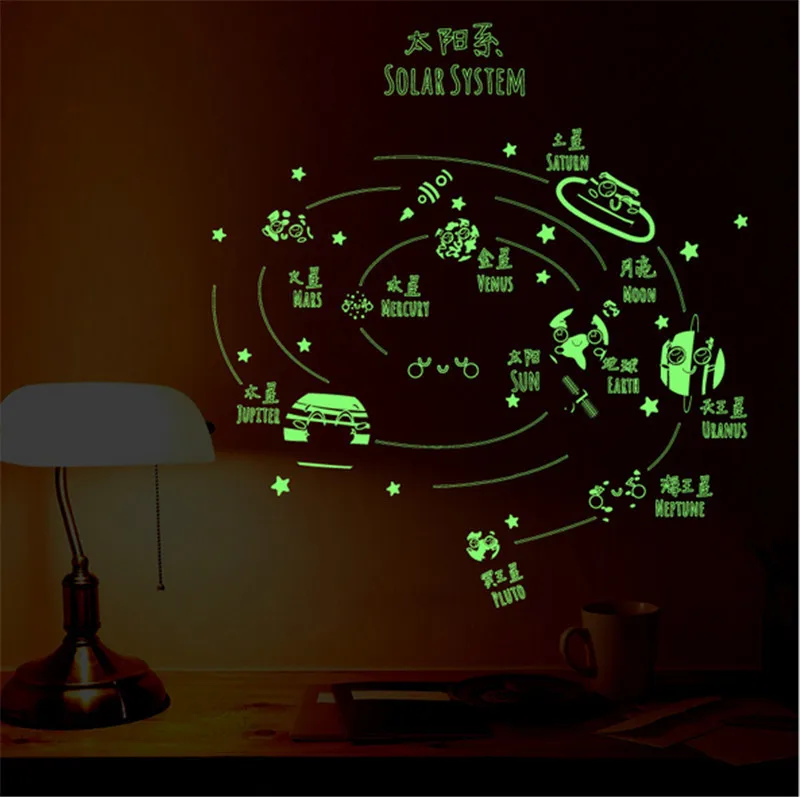 Luminous Solar System Wall Stickers for kids rooms outer space planets earth sun saturn mars wall decals diy mural art | Дом и сад