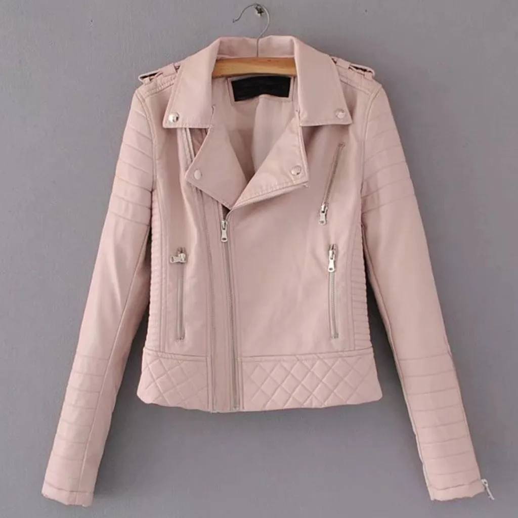 Кожаная куртка женская Повседневная однотонная с отложным воротником на молнии