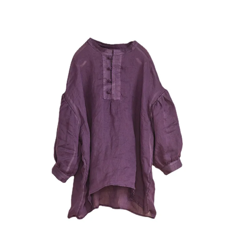 

Women's retro solid color loose thin Ram hemp top Ladies summer plus size shirt top Women 2021 summer ie hemp top