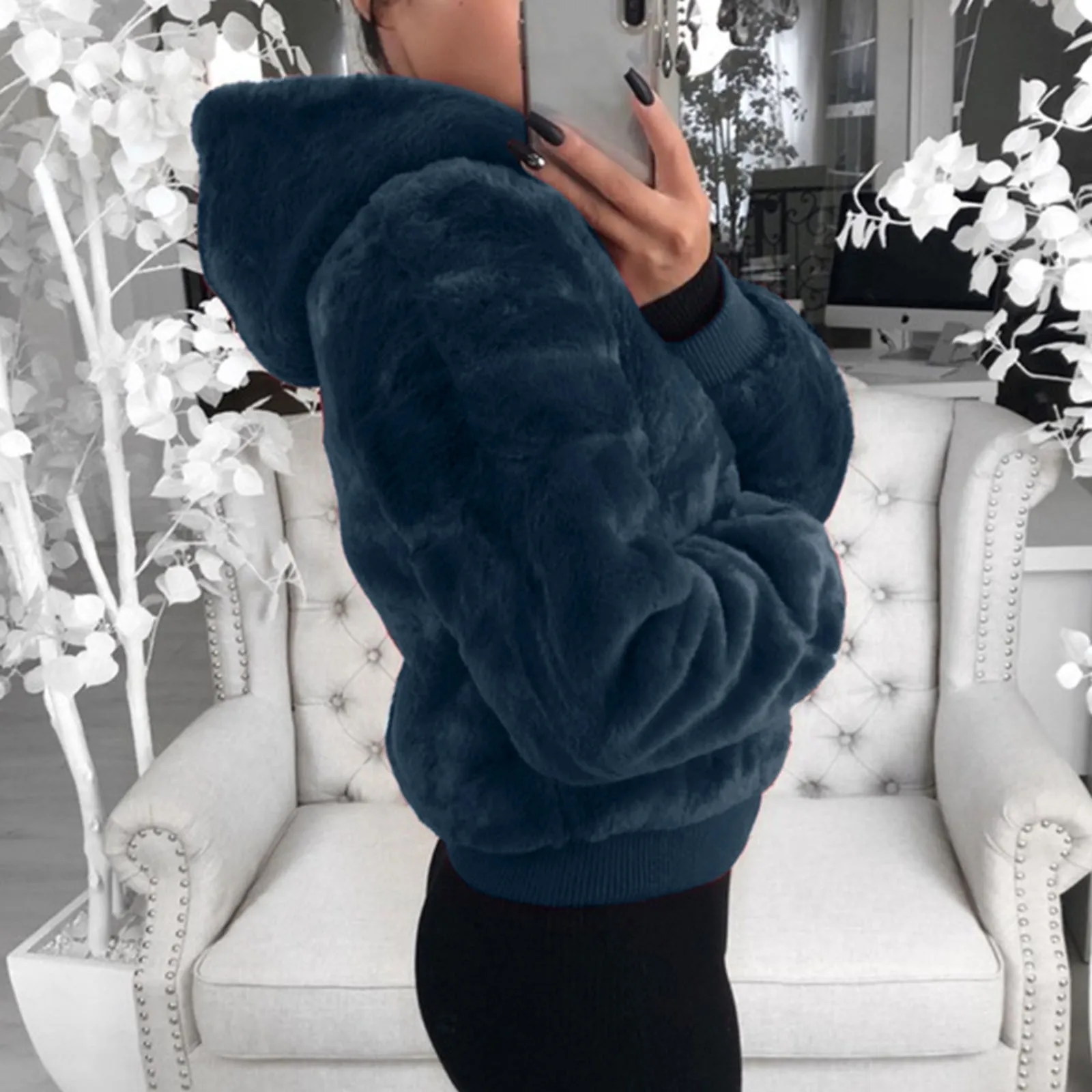 Women's Casual Faux Fur Hoodie Coat Autumn Winter Warm Solid Jacket Outwear 2021 Fashion Female Pockets Zipper Jacket Tops