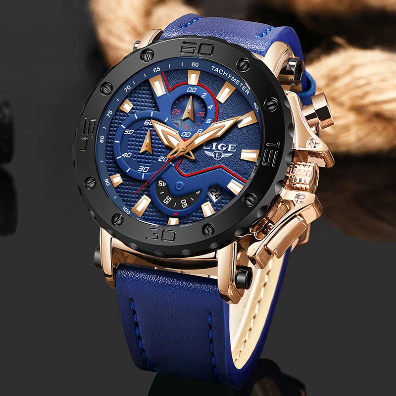 LIGE мужские s часы лучший бренд класса люкс военные спортивные черные кожаные