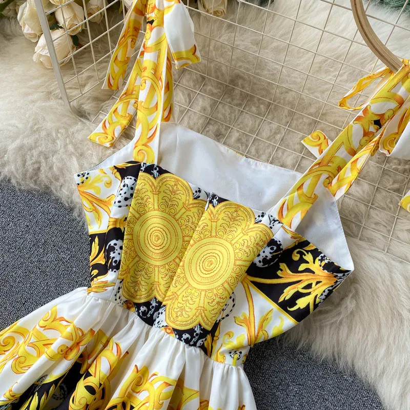 

Women Summer Floral Bow Sling Dress Korean Square Collar Sleeveless A-line Dresses Boho Print Vacation Backless Dress