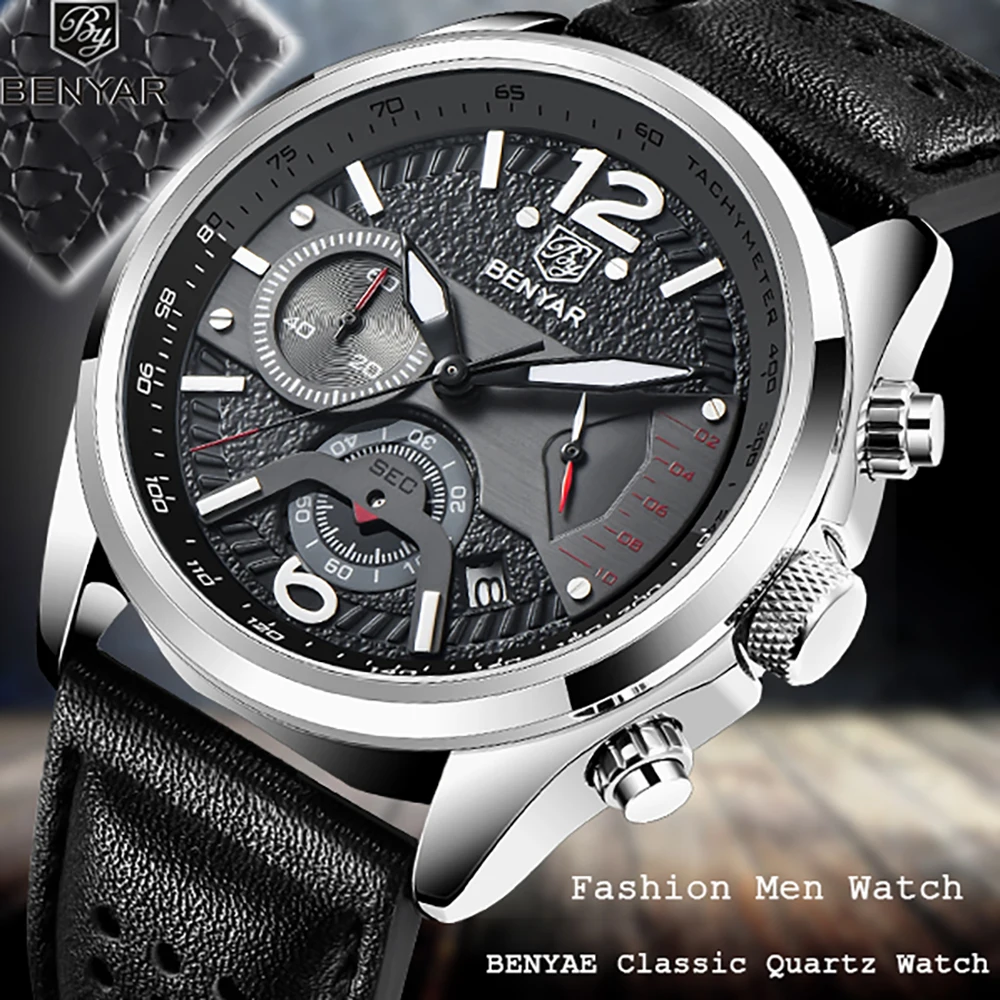 

Часы BENYAR мужские спортивные с кожаным ремешком, брендовые Роскошные модные повседневные в стиле милитари, с хронографом
