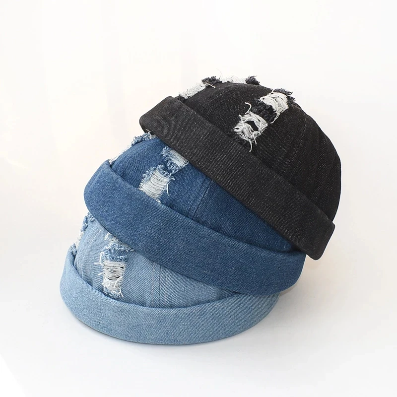 

New unisex fashion outdoor pure cotton Korean melon leather hat retro washed denim hole beanie hat casual beanie hat adjustable