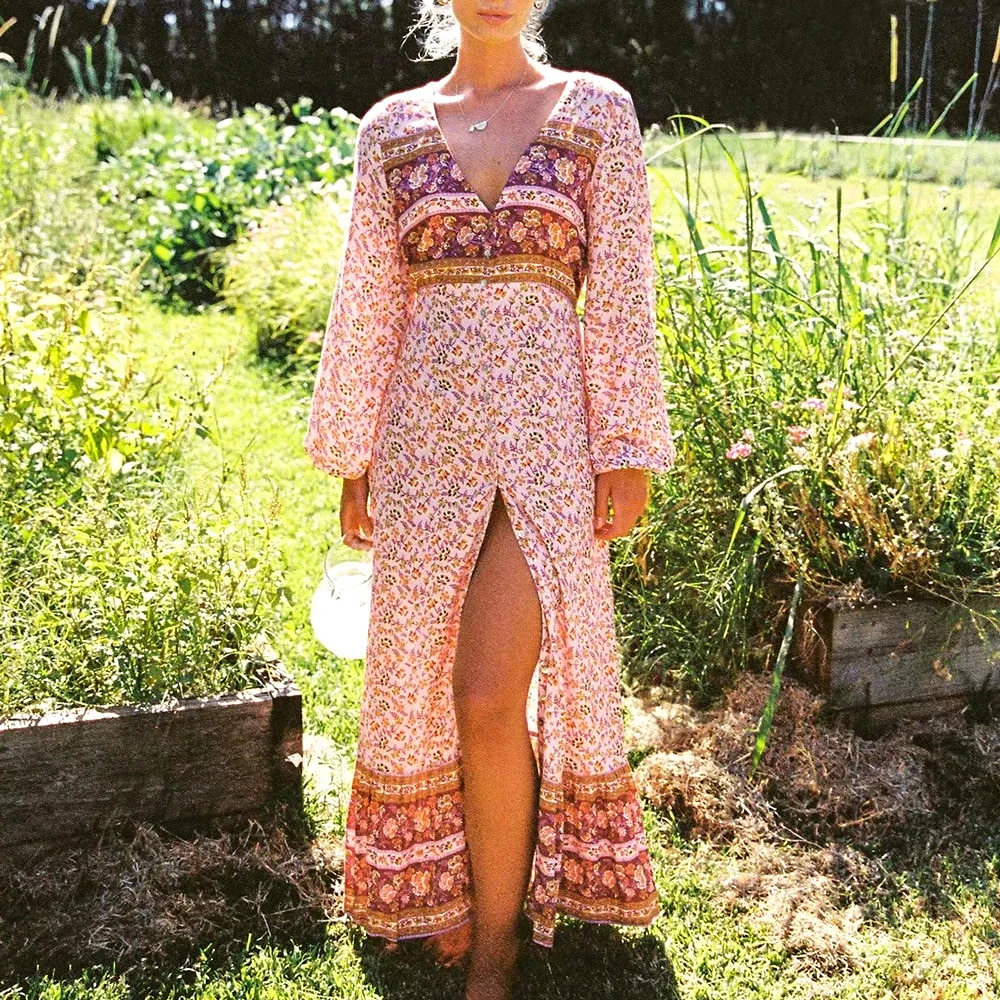 

GypsyLady Floral Printed Maxi Dress Vintage Boho Summer Holiday Dresses Women Long Sleeve Split Chic Ladies Beach Female Dress
