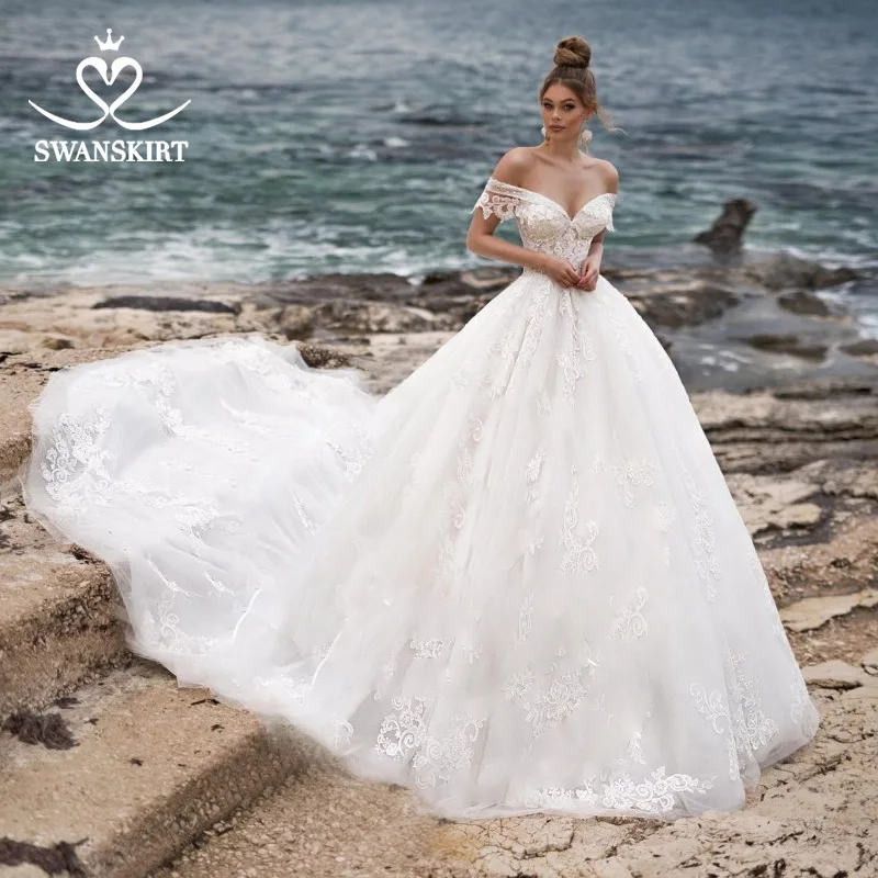 Слоновая кость Swanskirt милое бальное платье свадебное платье сексуальные аппликации кружева цветы Королевский поезд свадебное платье, Тюль Robe De Mariage N104 - Цвет: Слоновая кость