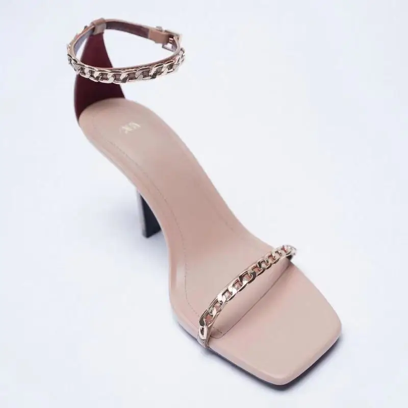 

ZAR 2021 Summer New Pink Fashion Metal Chain Square Toe High Heels Sexy Outer Wear Stiletto Muller Sandals Party Shoes Women Hot