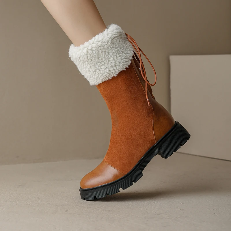 

Lamb Hair Cuffed Flat Bottom Anti Ski Boots French Style Cross Strap Frosted Flock Color Matching Women's Mid-Tube Boots