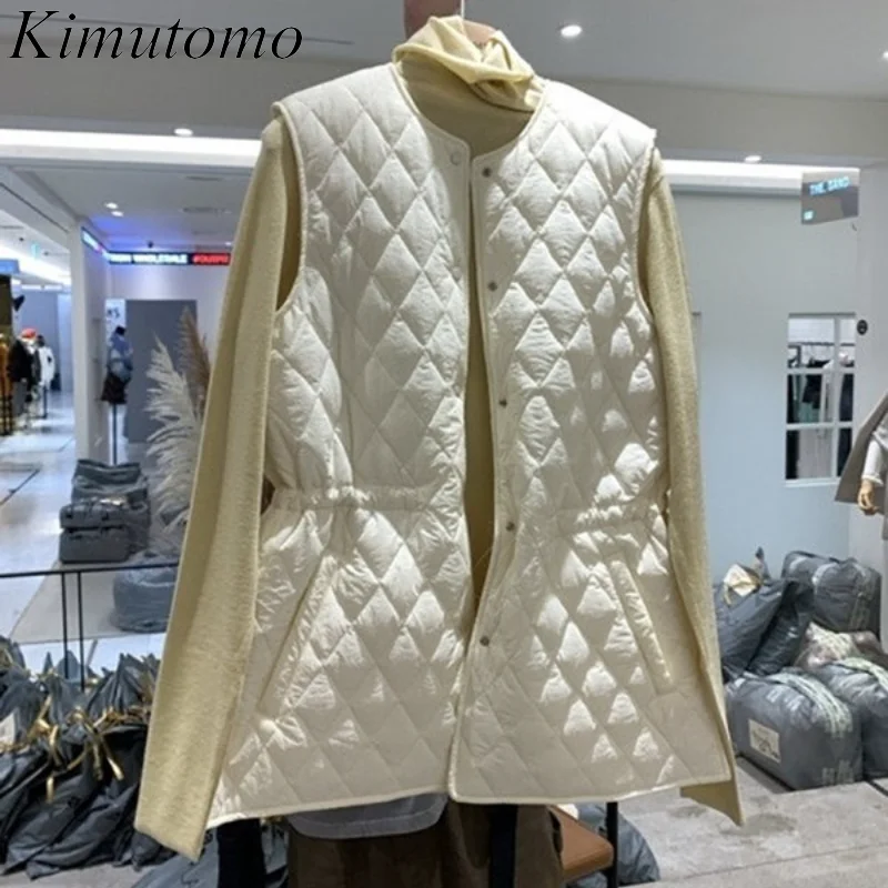 

Kimutomo Casual Quilted Vest Woman Autumn Winter New Korean Ins Fashion O-neck Single Breast Plaid Versatile Vest Jacket Tide
